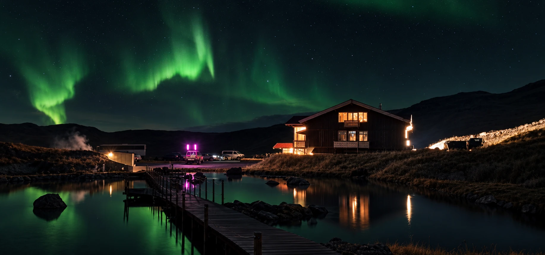 Green northern lights above the Hveradalir lodge, pools and boardwalk at night